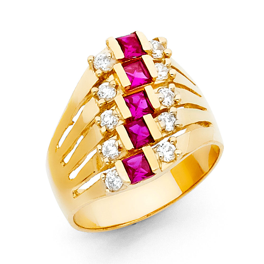 14K Yellow Gold Women’s 5-Line Ring with Synthetic Red Ruby CZ & Round CZ Accents