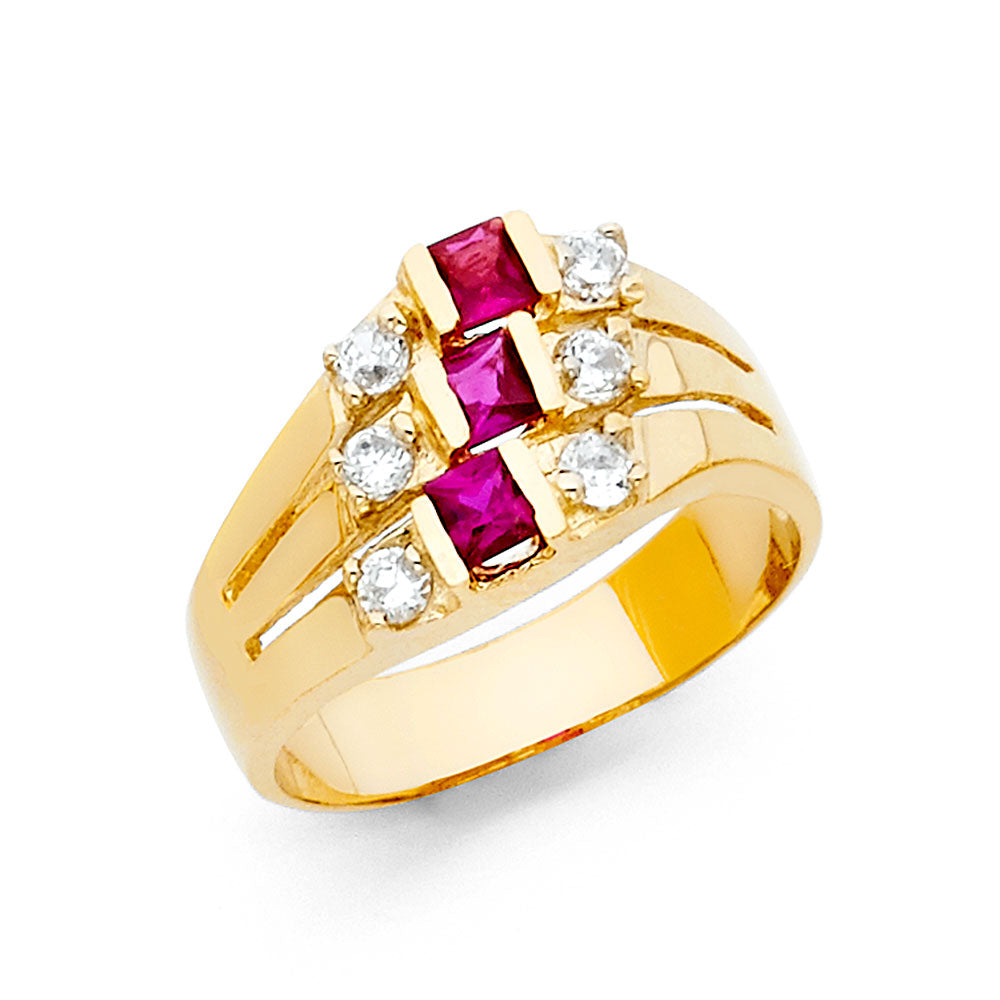14K Yellow Gold Women’s 3-Line Ring with Synthetic Red Ruby CZ & Round CZ Accents
