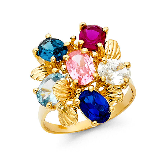 14K Yellow Gold Women’s Flower Design Ring with Multicolor CZ Stones