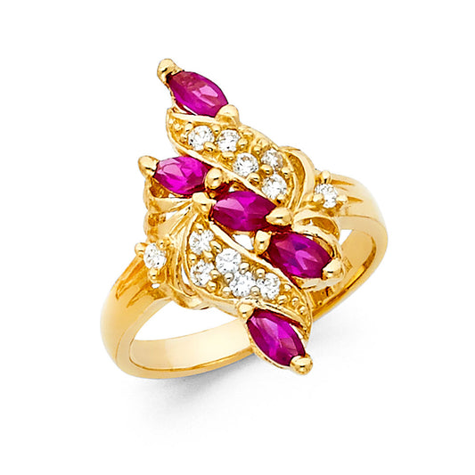 14K Yellow Gold Women’s Leaf Design Ring with Red CZ Stones