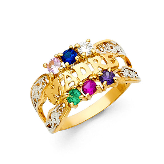 14K Yellow Gold Madre Design Multicolor CZ Ring, perfect for customization as a Mother’s Ring