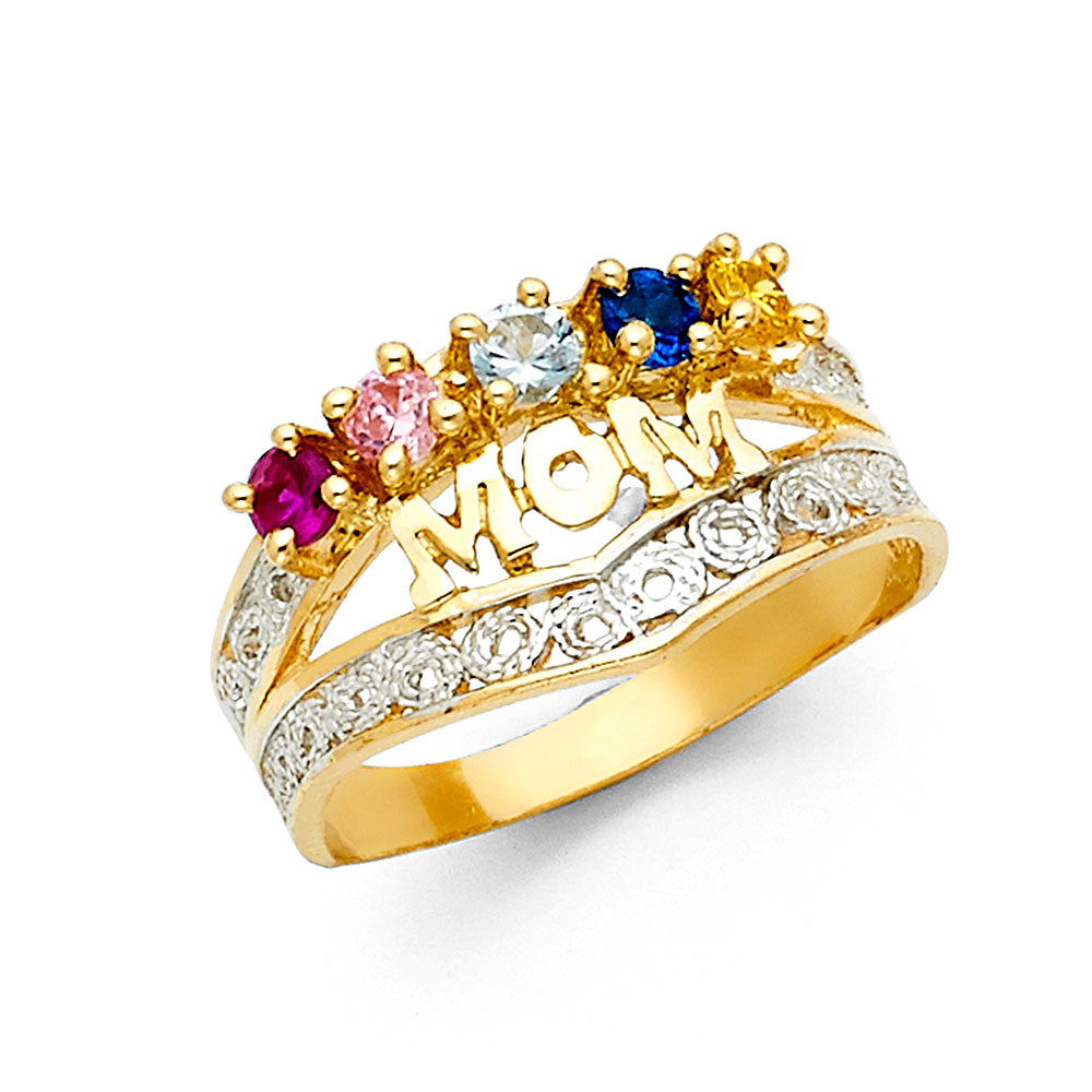 14K Yellow Gold Mom Design Multicolor CZ Ring, perfect for customization as a Mother’s Ring