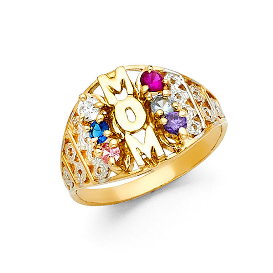 14K Yellow Gold Mom Design Multicolor CZ Ring, perfect for customization as a Mother’s Ring