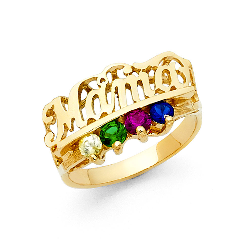 14K Yellow Gold Mama Name Design 4-Stone Multicolor CZ Ring, perfect for customization as a Mother’s Ring