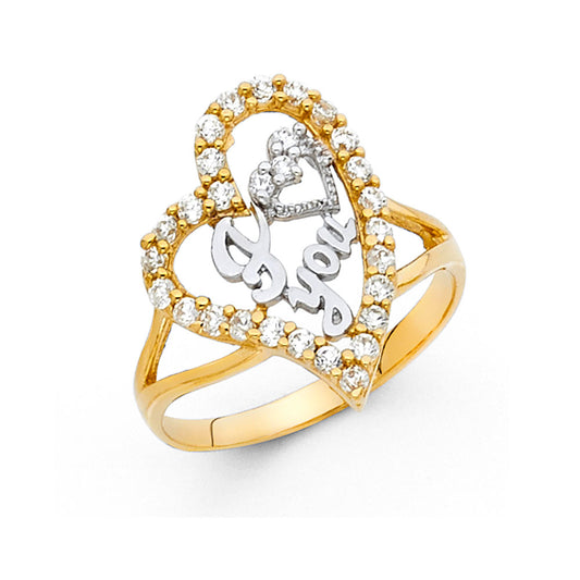 14K Two-Tone Gold Women's “I Love You” Heart CZ Ring