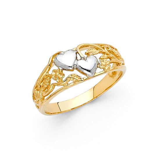 14K Two-Tone Gold Women's Double Heart Filigree Ring