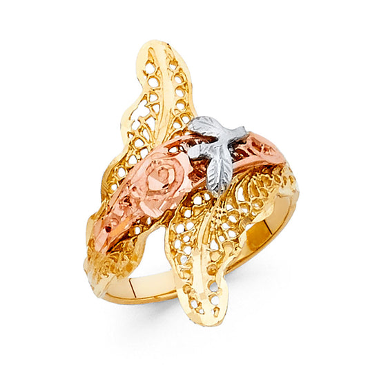 14K Tri-Color Gold Rose Filigree Design Ring