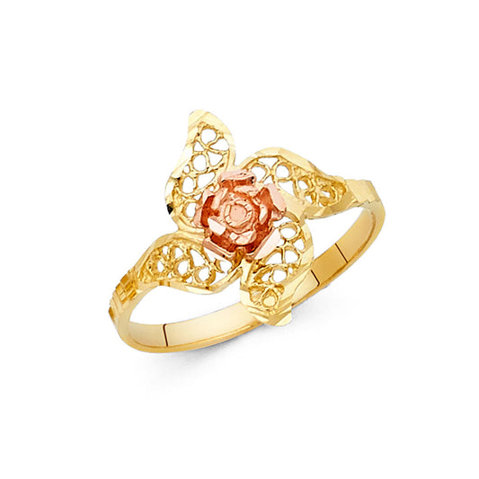 14K Two-Tone Gold Floral Filigree Butterfly Design Ring