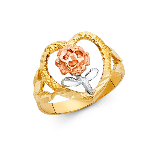 14K Tri-Color Gold Heart Filigree Rose Design Ring