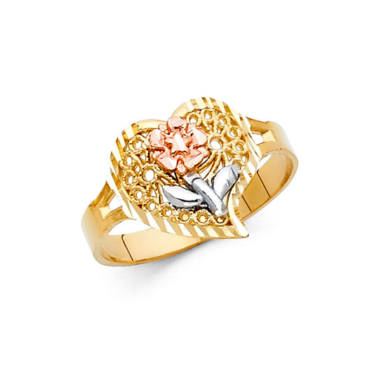14K Tri-Color Gold Heart Filigree Rose Ring
