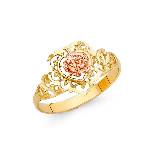 14K Two-Tone Gold Heart Rose Filigree Design Ring
