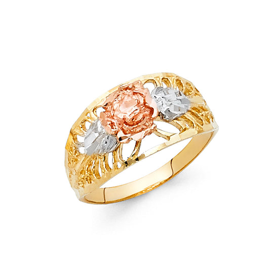 14K Tri-Color Gold Rose Filigree Design Ring