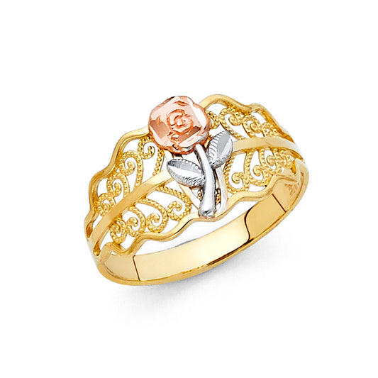 14K Tri-Color Gold Rose Filigree Design Ring