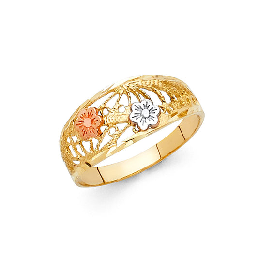 14K Tri-Color Gold Floral Filigree Ring