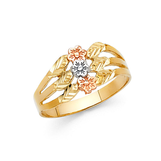 14K Tri-Color Gold Floral Diamond-Cut Open Design Ring