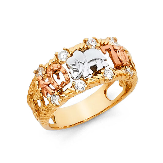 14K Tri-Color Gold Elephant Lucky 7 CZ Ring