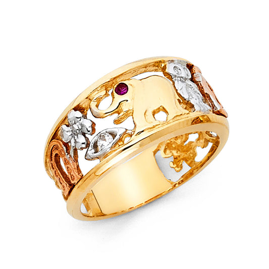 14K Tri-Color Gold Elephant Lucky 7 CZ Ring