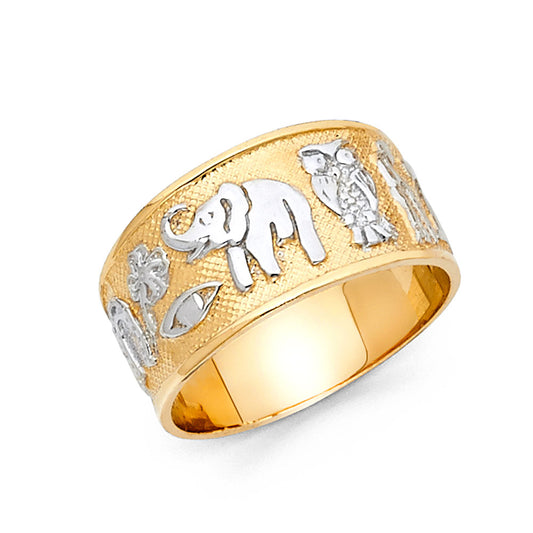 14K Two-Tone Gold Elephant & Lucky Symbols Ring