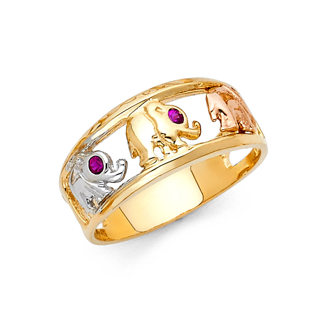 14K Tri-Color Gold Elephant Family Ring with Synthetic Red Ruby CZ
