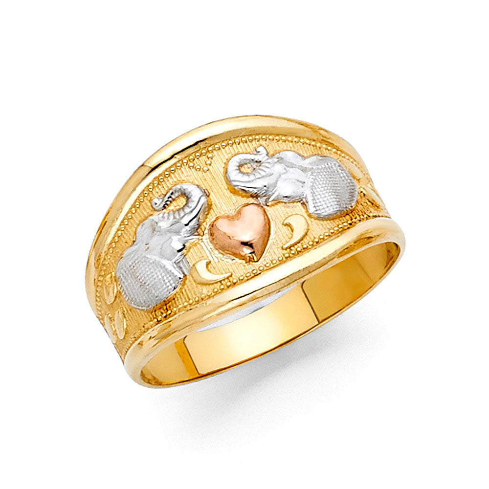 14K Tri-Color Gold Elephant & Heart Design Ring