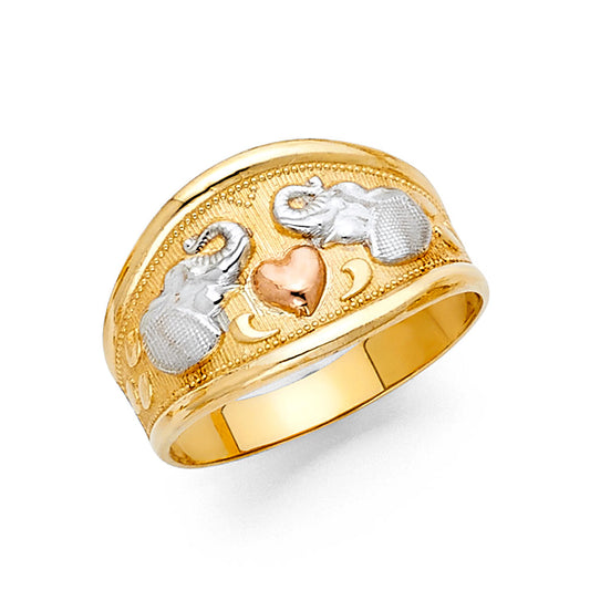 14K Tri-Color Gold Elephant & Heart Design Ring