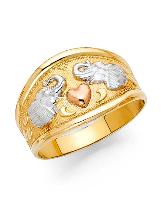 14K Tri-Color Gold Elephant & Heart Design Ring