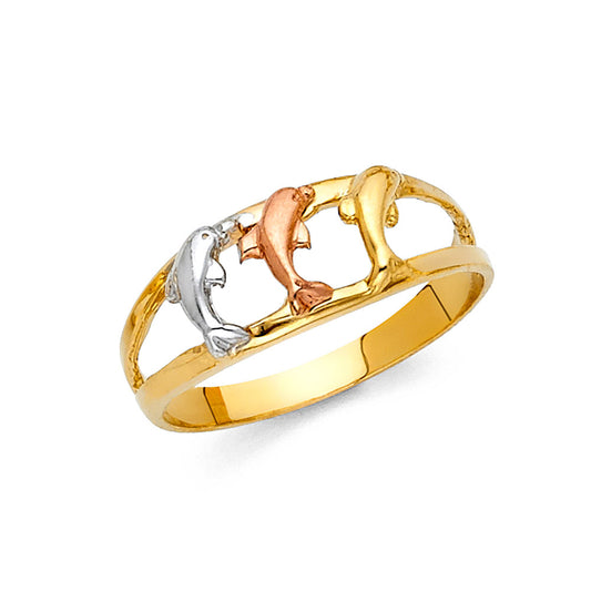 14K Tri-Color Gold Dolphin Design Ring
