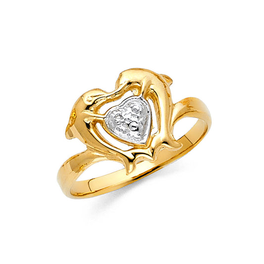 14K Yellow Gold Dolphin Heart CZ Ring