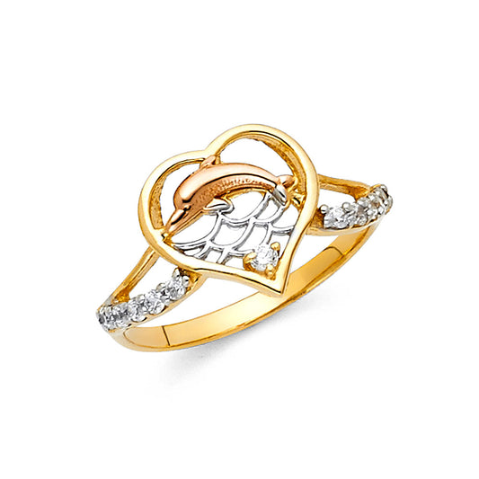 14K Tri-Color Gold Dolphin Heart CZ Ring