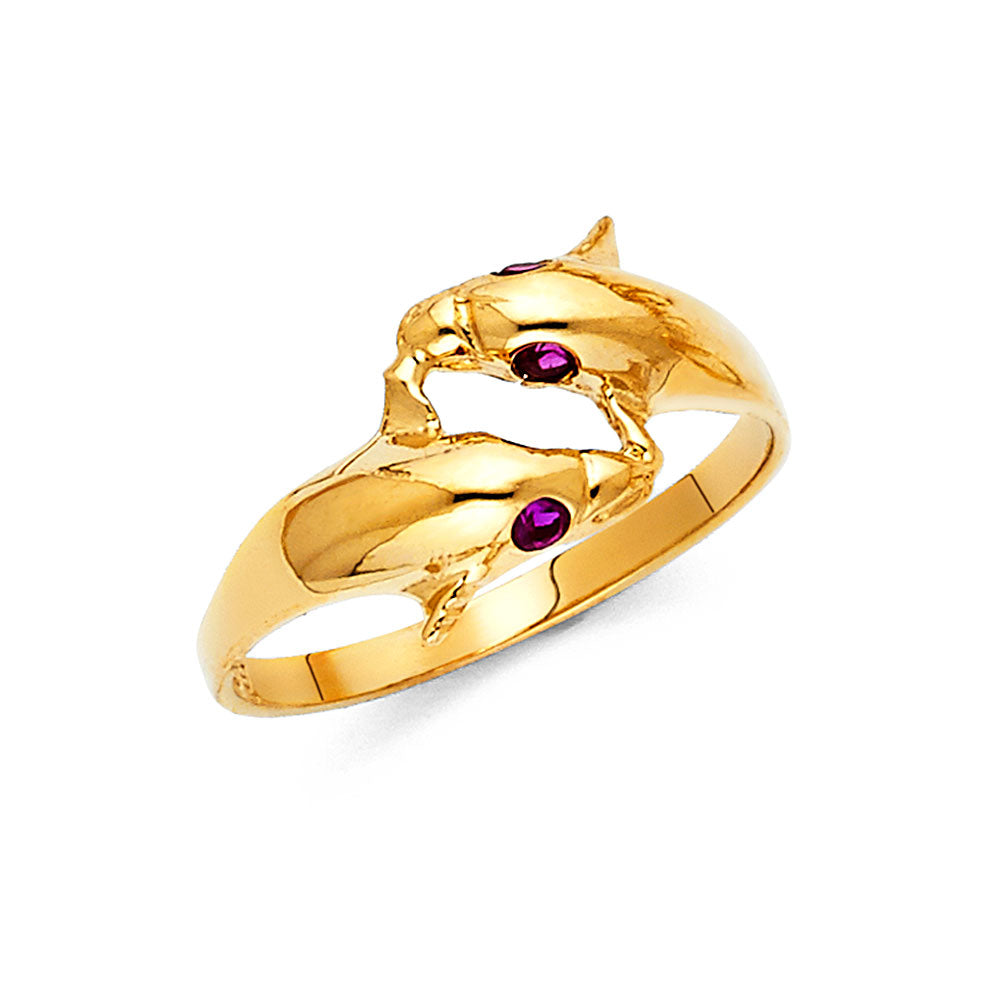 14K Yellow Gold Dolphin Design Synthetic Red Ruby CZ Ring