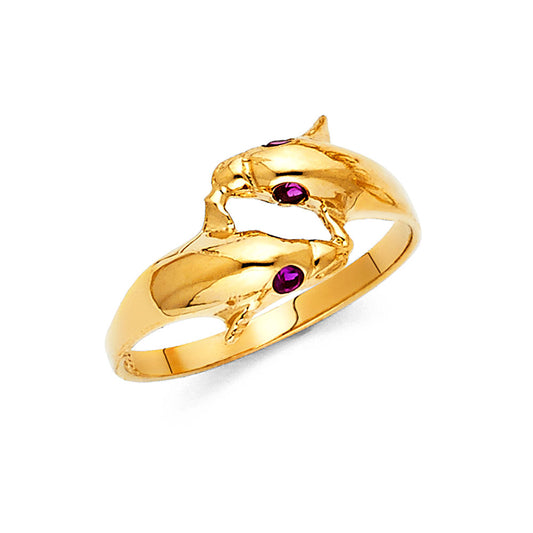 14K Yellow Gold Dolphin Design Synthetic Red Ruby CZ Ring