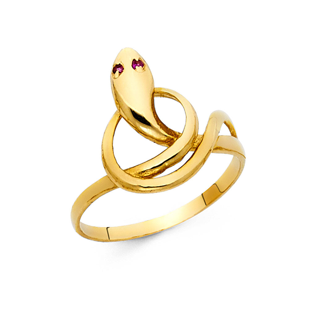 14K Yellow Gold Snake Design Synthetic Red Ruby CZ Ring