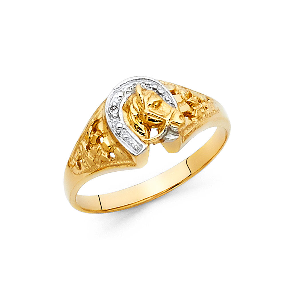 14K Two-Tone Gold Horse Head Horseshoe CZ Ring