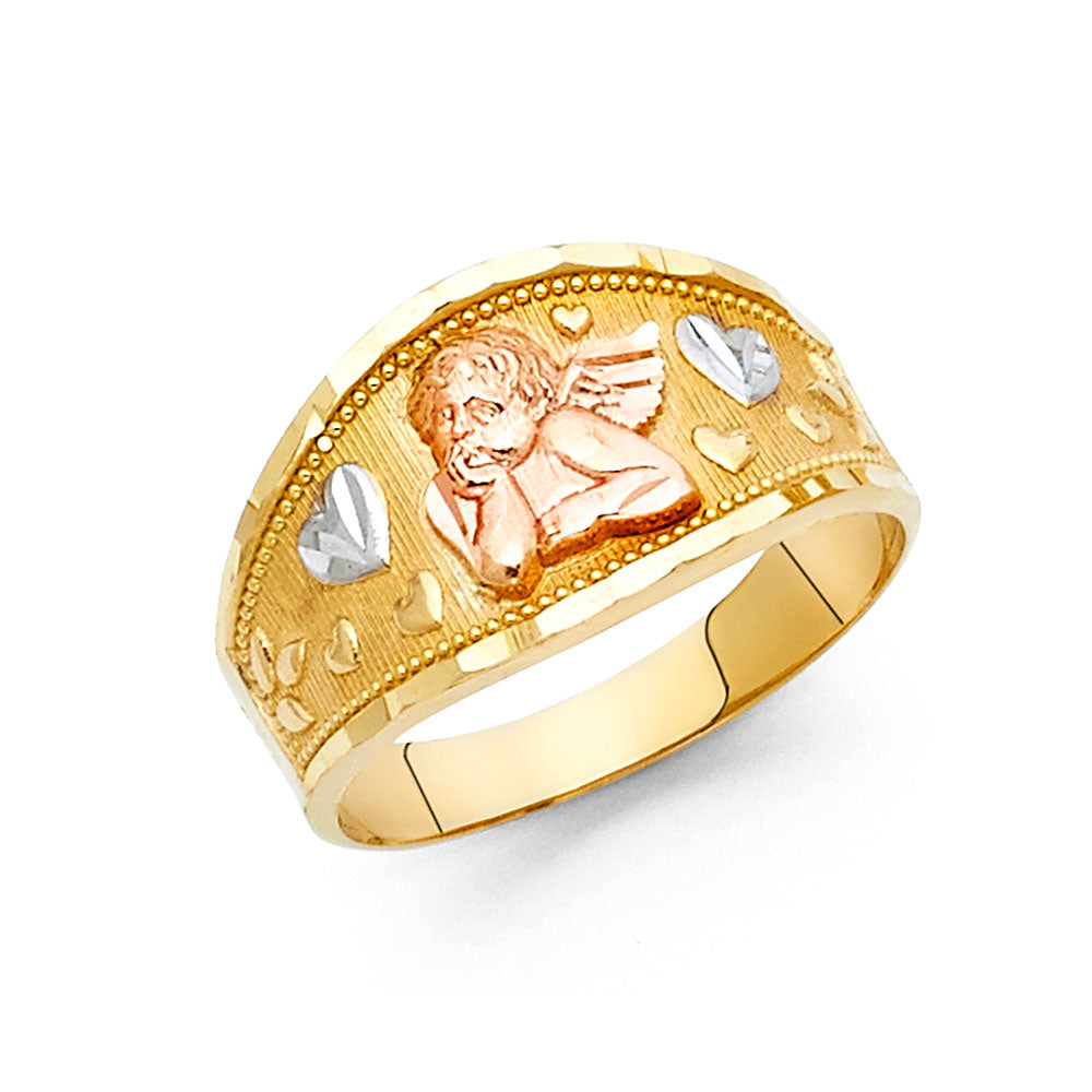 14K Tri-Color Gold Cherub Heart Design Ring