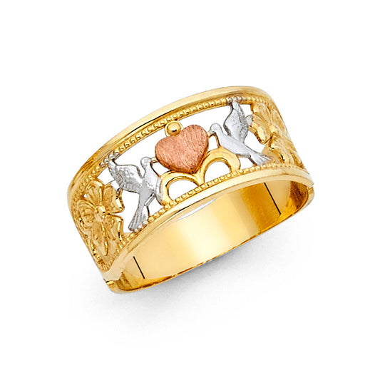 14K Tri-Color Gold Women's Dove & Heart Filigree Ring