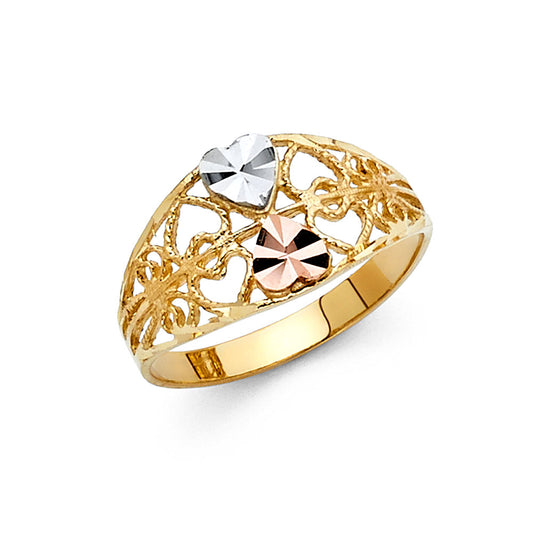 14K Tri-Color Gold Double Heart Filigree Ring