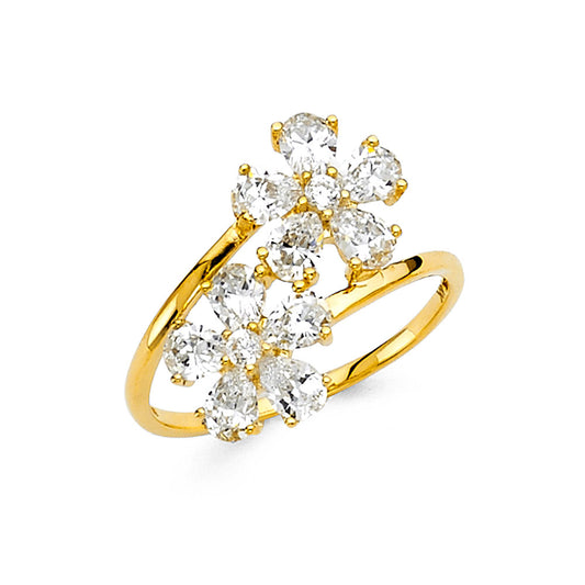 14K Yellow Gold Women's Double Flower CZ Ring