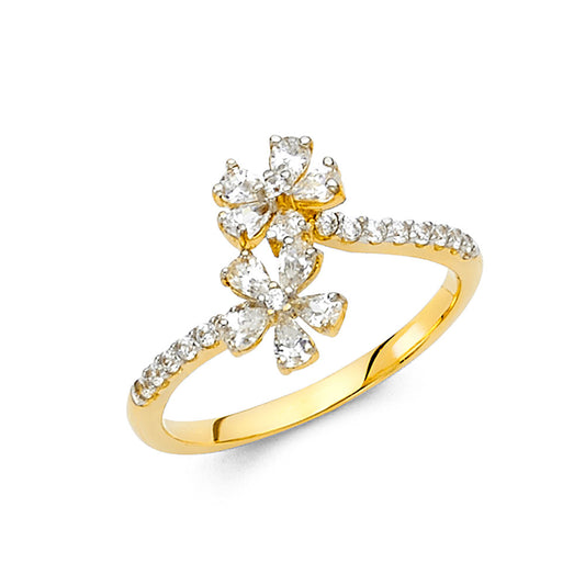 14K Yellow Gold Women's Double Flower CZ Ring