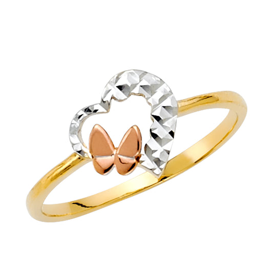 14K Tri-Color Gold Women’s Butterfly Heart Ring