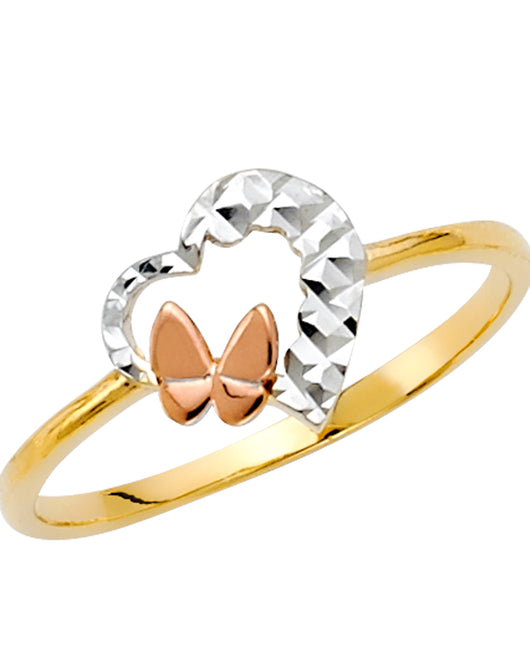 14K Tri-Color Gold Women’s Butterfly Heart Ring