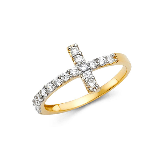 14K Yellow Gold Cross CZ Ring