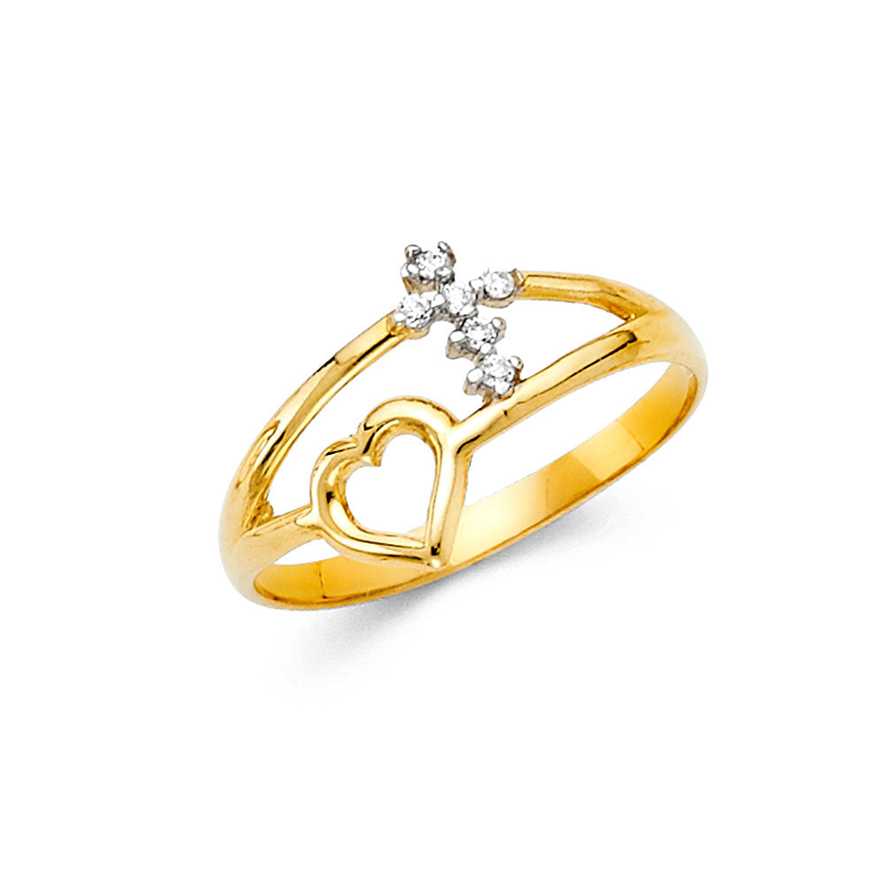 14K Two-Tone Gold Heart & Cross CZ Ring