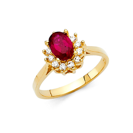 14K Yellow Gold Synthetic Red Ruby CZ Halo Solitaire Women’s Ring