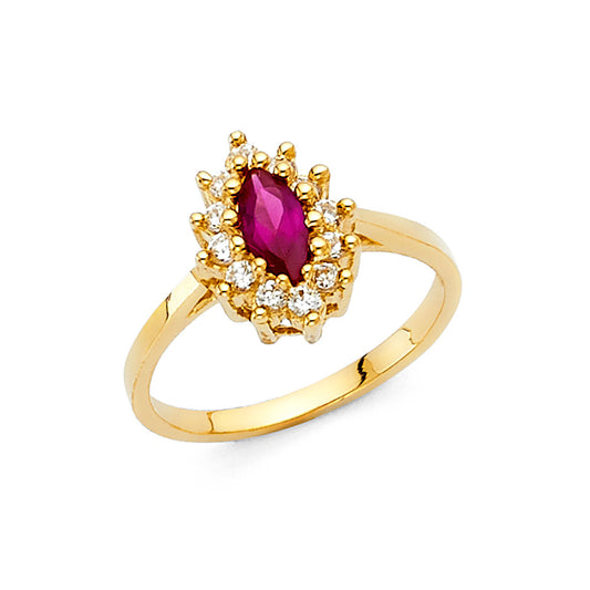 14K Yellow Gold Synthetic Red Ruby CZ Marquise Halo Solitaire Women’s Ring