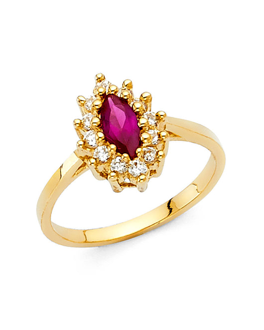 14K Yellow Gold Synthetic Red Ruby CZ Marquise Halo Solitaire Women’s Ring