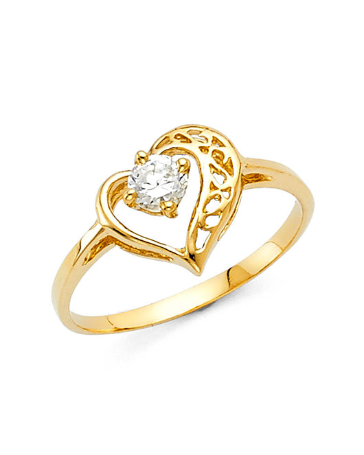 14K Yellow Gold Filigree Heart Design Solitaire CZ Women’s Ring