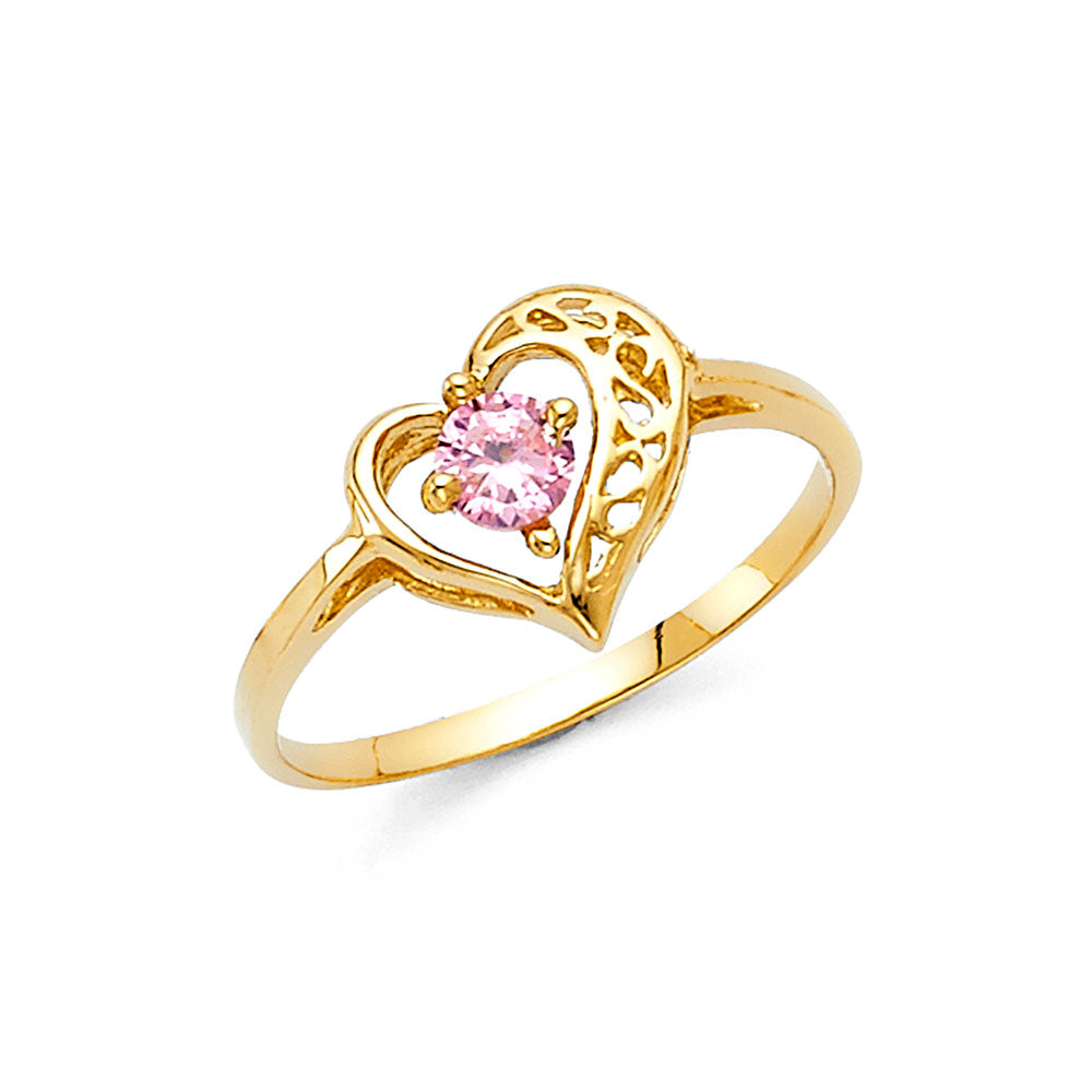 14K Yellow Gold Filigree Heart Design Pink CZ Women’s Ring