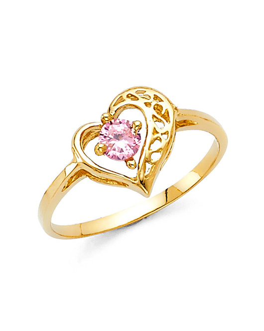 14K Yellow Gold Filigree Heart Design Pink CZ Women’s Ring