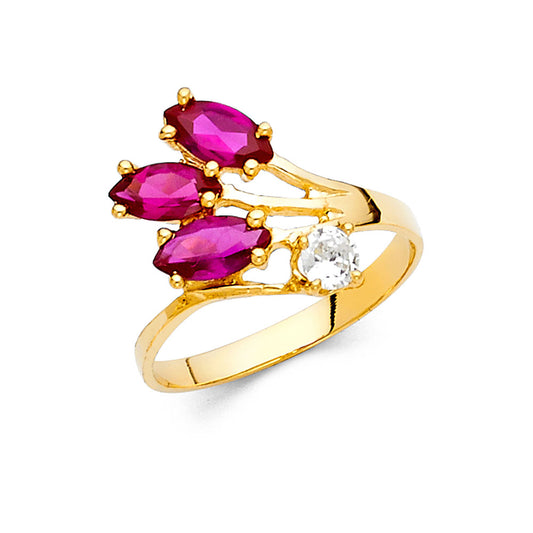 14K Yellow Gold Women’s Triple Marquise Synthetic Red Ruby CZ & White CZ Ring