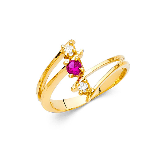 14K Yellow Gold Women’s 2-Line Split Shank Synthetic Red Ruby CZ & White CZ Ring